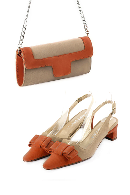 Women's tan beige and terracotta orange luxurious elegant clutch for ceremonies, weddings and evenings out. - Worn view